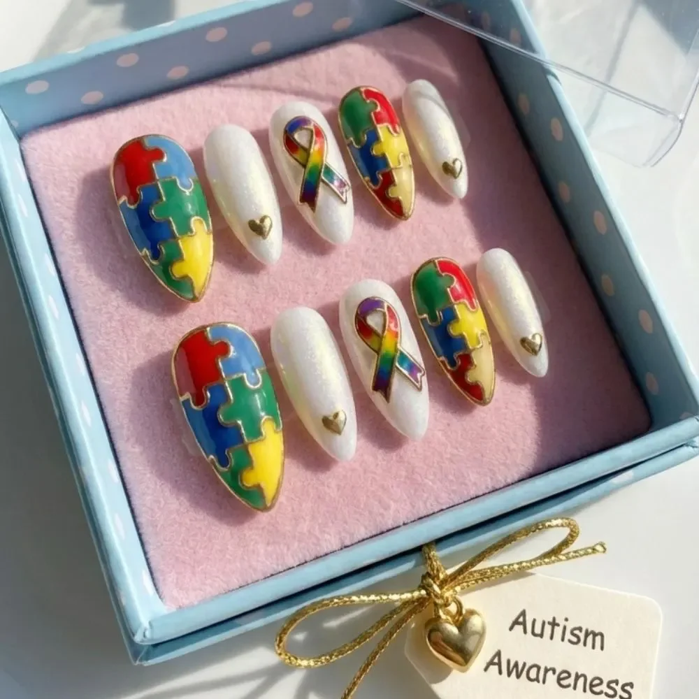 puzzle ribbon, nail art, press on nails, custom press on nails, fake nails, Nails Art, stained glass nails, gold press on nails, 3d press on nails, luxury press on nails, handmade press on nails