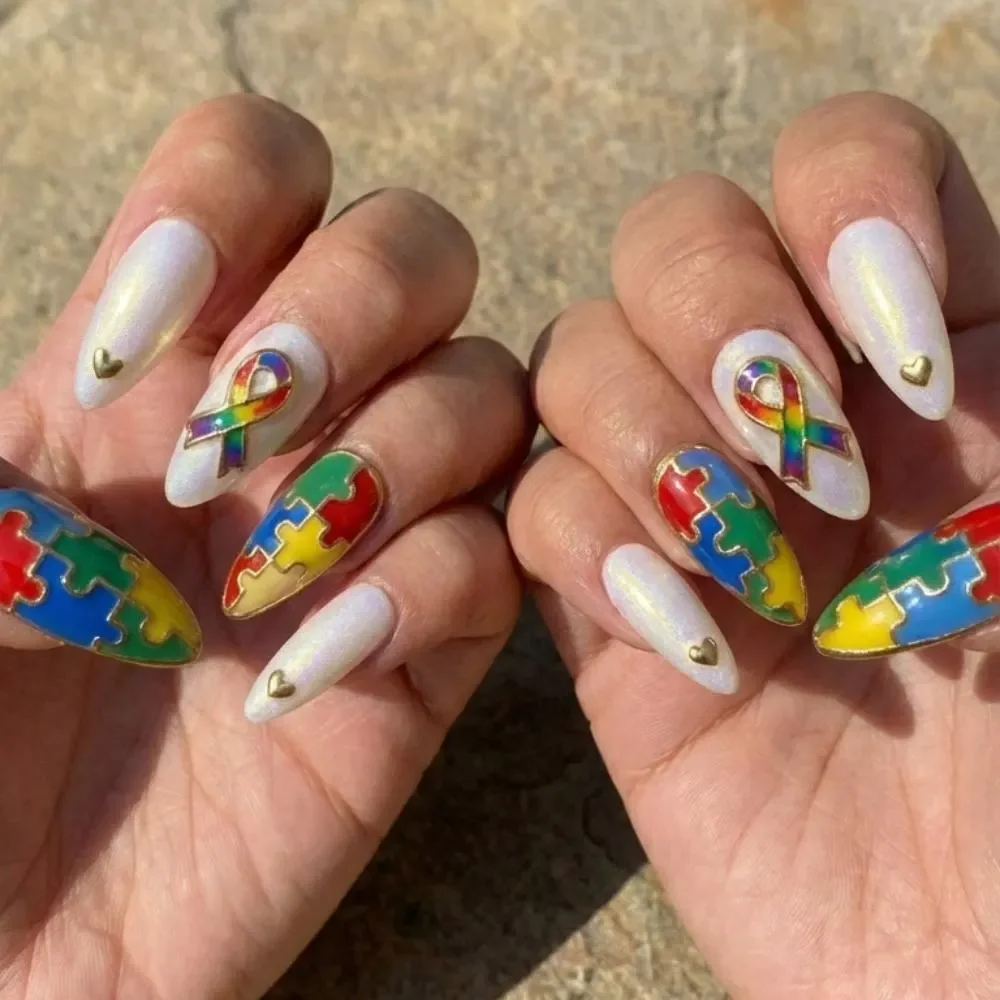 autism nail design, ribbon nail art, press on nails, custom press on nails, fake nails, Nails Art, stained glass nails, gold press on nails, 3d press on nails, luxury press on nails, handmade press on nails
