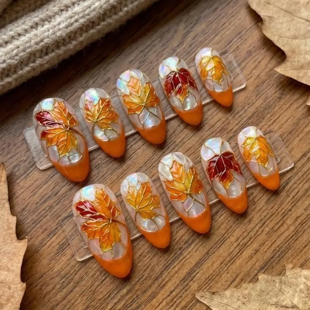 autumn maple leaf, press on nails, custom press on nails, fake nails, Nails Art, stained glass nails, gold press on nails, 3d press on nails, luxury press on nails, handmade press on nails