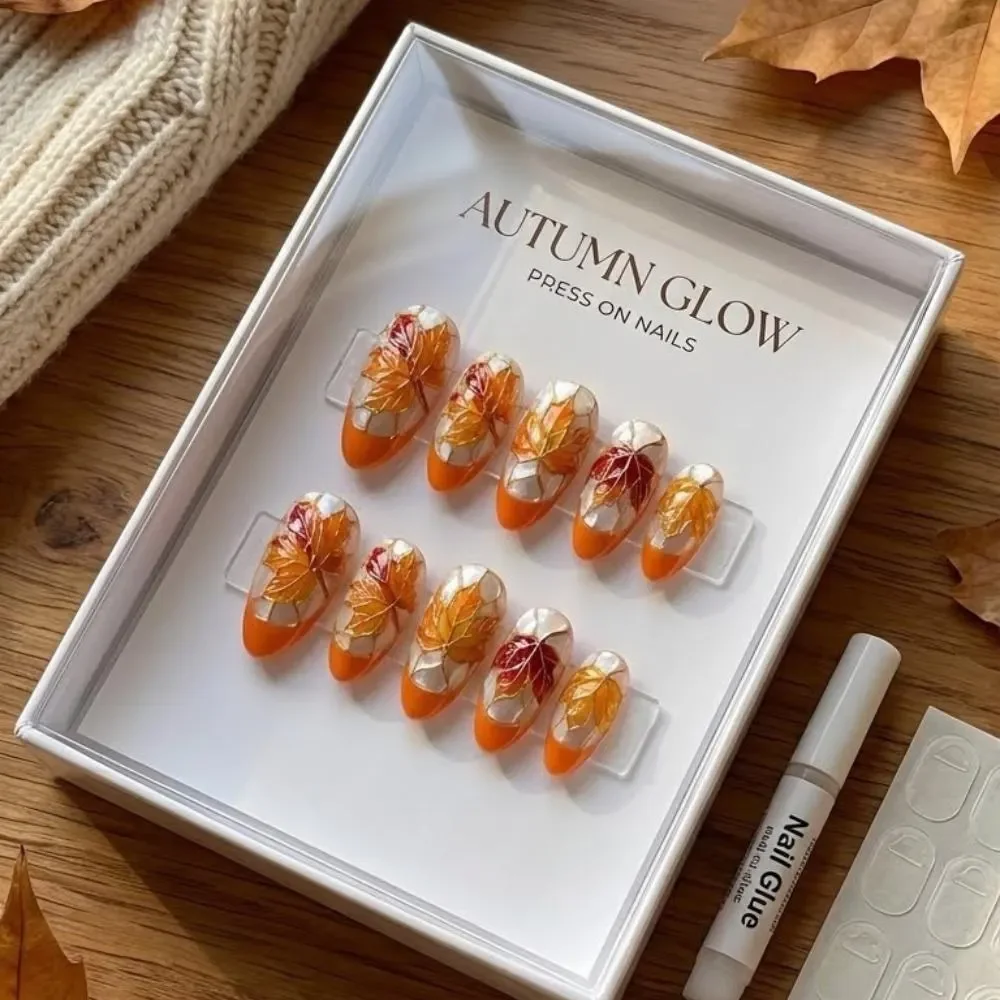 leaf nail design, glossy press ons, press on nails, custom press on nails, fake nails, Nails Art, stained glass nails, gold press on nails, 3d press on nails, luxury press on nails, handmade press on nails