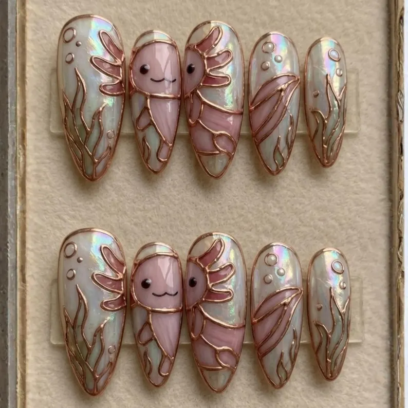 iridescent pastel pink, kawaii under the sea, press on nails, custom press on nails, fake nails, Nails Art, stained glass nails, gold press on nails, 3d press on nails, luxury press on nails, handmade press on nails