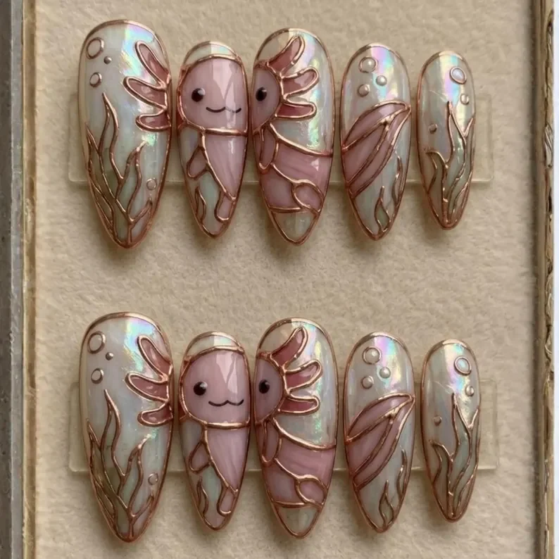 axolotl press on nails, stained glass nails, press on nails, custom press on nails, fake nails, Nails Art, gold press on nails, 3d press on nails, luxury press on nails, handmade press on nails
