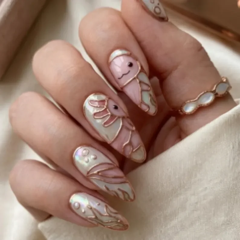 iridescent pastel pink, kawaii under the sea, press on nails, custom press on nails, fake nails, Nails Art, stained glass nails, gold press on nails, 3d press on nails, luxury press on nails, handmade press on nails