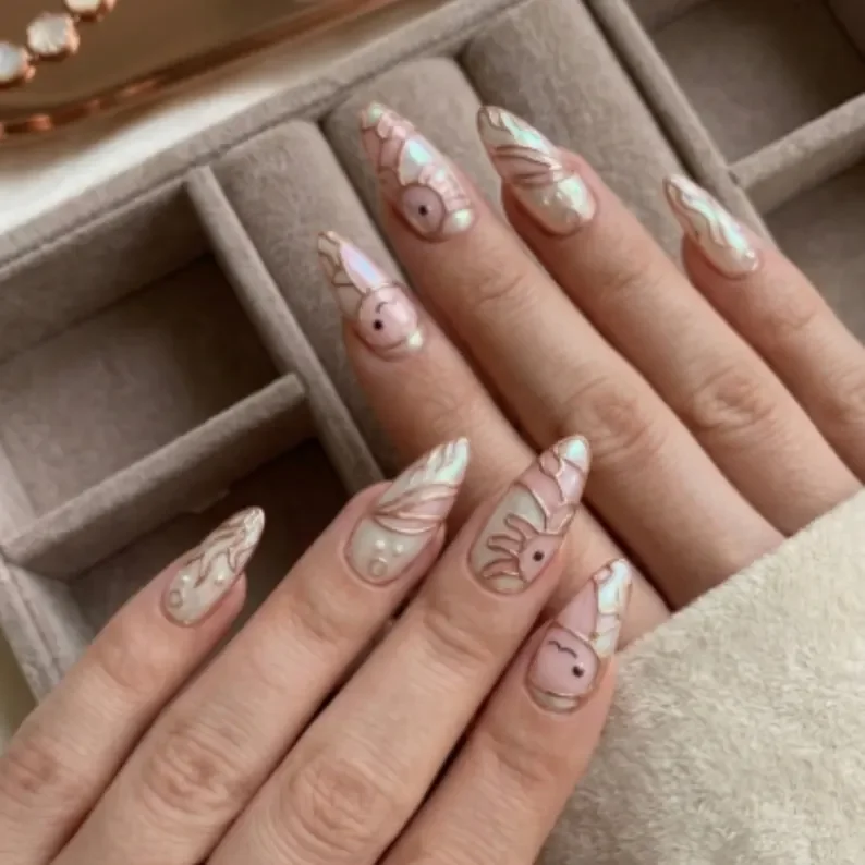 undersea nail art, iridescent nails, press on nails, custom press on nails, fake nails, Nails Art, stained glass nails, gold press on nails, 3d press on nails, luxury press on nails, handmade press on nails