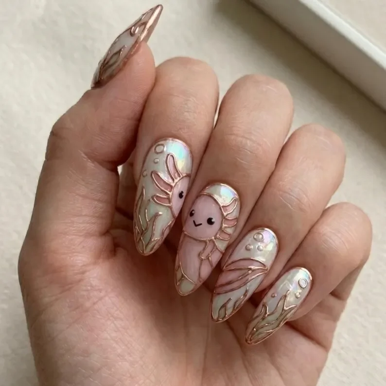 pastel pink nails, axolotl nail design, press on nails, custom press on nails, fake nails, Nails Art, stained glass nails, gold press on nails, 3d press on nails, luxury press on nails, handmade press on nails