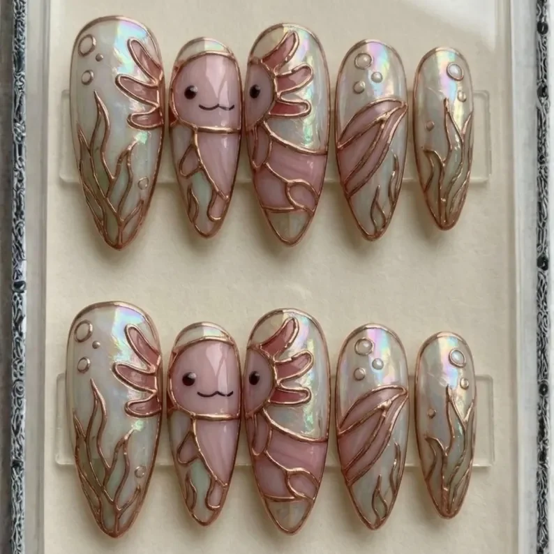 axolotl press on nails, stained glass nails, press on nails, custom press on nails, fake nails, Nails Art, gold press on nails, 3d press on nails, luxury press on nails, handmade press on nails