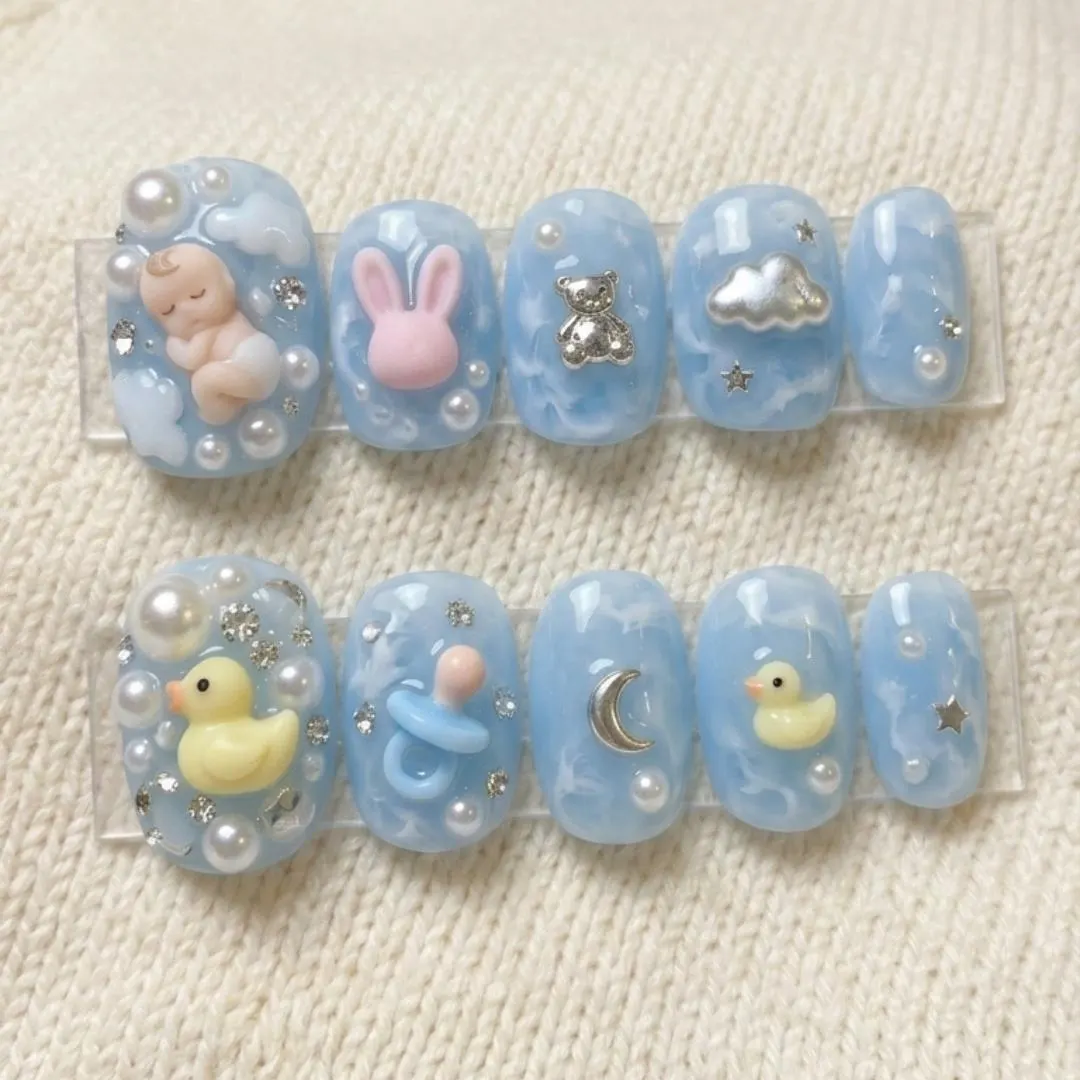 baby blue nails, marble press on, press on nails, custom press on nails, fake nails, Nails Art, stained glass nails, gold press on nails, 3d press on nails, luxury press on nails, handmade press on nails