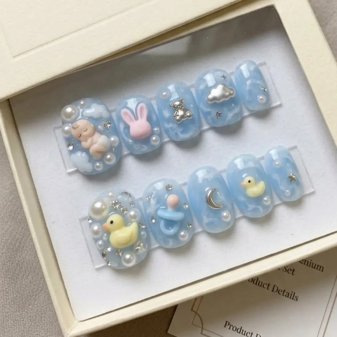 3D duck charm, press-on nails, press on nails, custom press on nails, fake nails, Nails Art, stained glass nails, gold press on nails, 3d press on nails, luxury press on nails, handmade press on nails