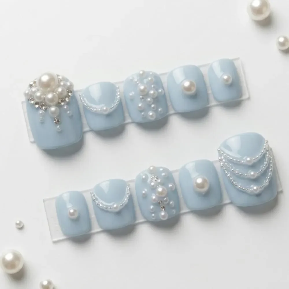 baby blue pearl, press on toes, press on nails, custom press on nails, fake nails, Nails Art, stained glass nails, gold press on nails, 3d press on nails, luxury press on nails, handmade press on nails