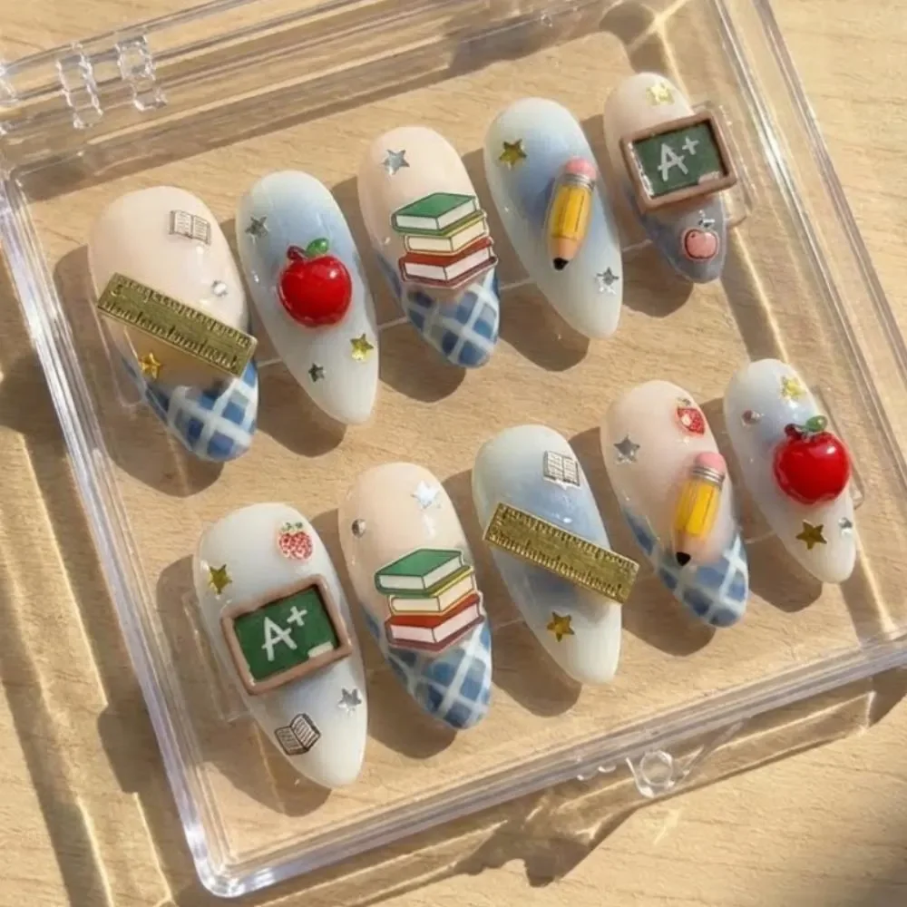 book nail art, 3D apple pencil, press on nails, custom press on nails, fake nails, Nails Art, stained glass nails, gold press on nails, 3d press on nails, luxury press on nails, handmade press on nails