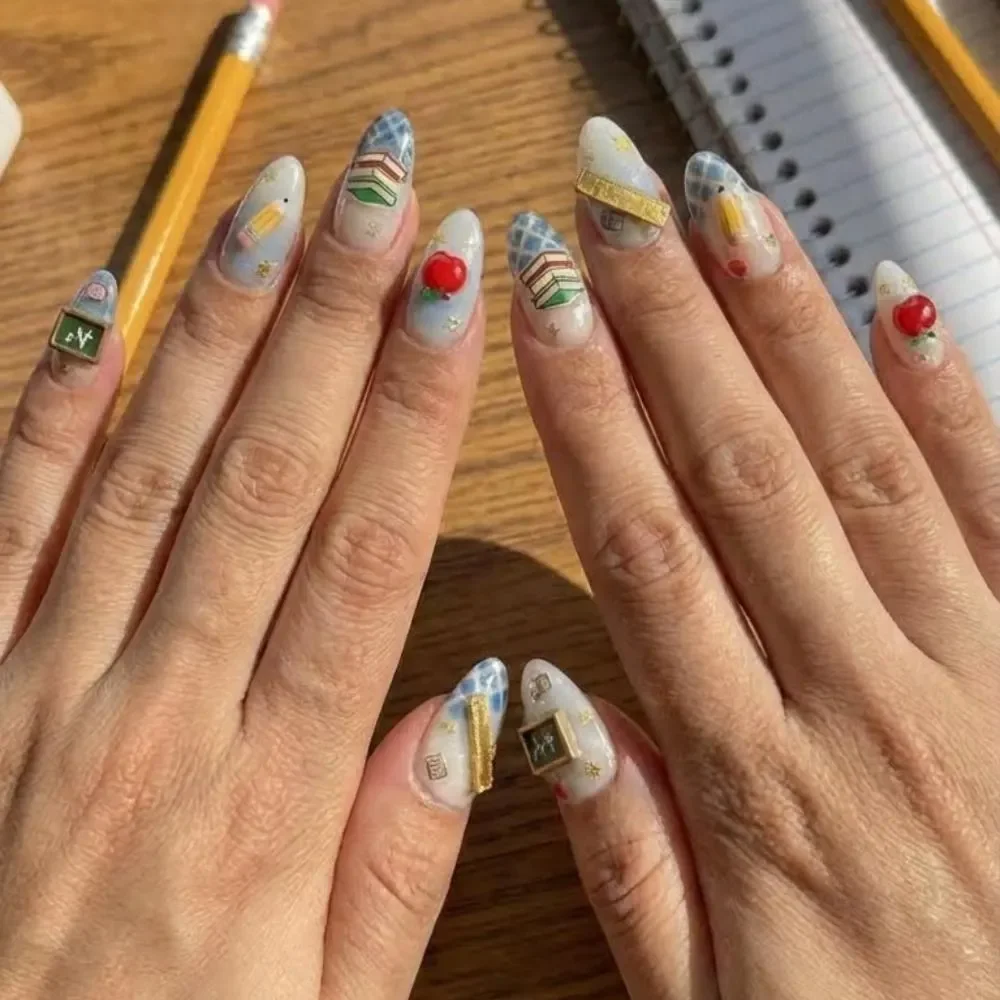 pencil themed nails, school themed nails, press on nails, custom press on nails, fake nails, Nails Art, stained glass nails, gold press on nails, 3d press on nails, luxury press on nails, handmade press on nails