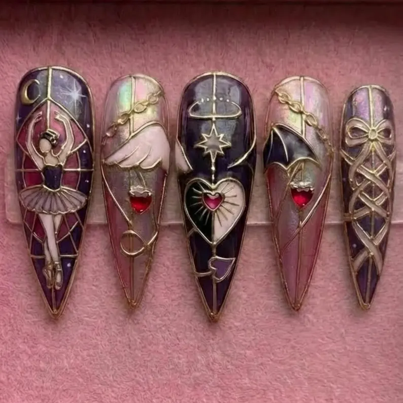 stained glass nails, valentine press on, press on nails, custom press on nails, fake nails, Nails Art, gold press on nails, 3d press on nails, luxury press on nails, handmade press on nails