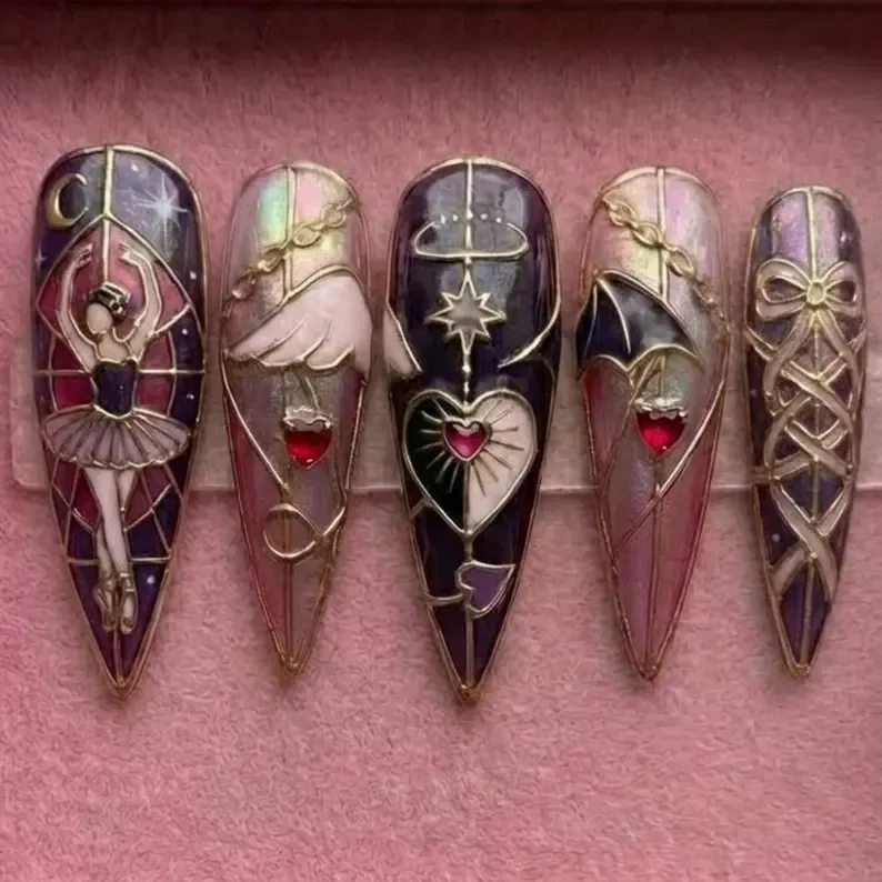 stained glass nails, valentine press on, press on nails, custom press on nails, fake nails, Nails Art, gold press on nails, 3d press on nails, luxury press on nails, handmade press on nails