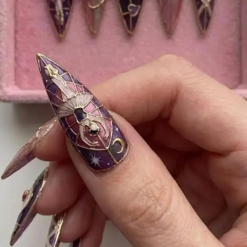ballerina nails, angel devil nails, press on nails, custom press on nails, fake nails, Nails Art, stained glass nails, gold press on nails, 3d press on nails, luxury press on nails, handmade press on nails