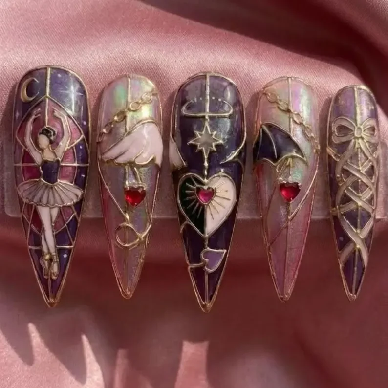 stained glass nails, valentine press on, press on nails, custom press on nails, fake nails, Nails Art, gold press on nails, 3d press on nails, luxury press on nails, handmade press on nails