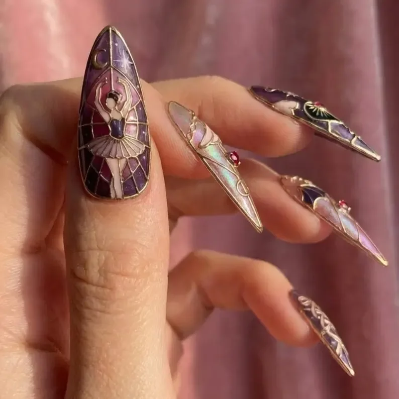 ballerina nails, angel devil nails, press on nails, custom press on nails, fake nails, Nails Art, stained glass nails, gold press on nails, 3d press on nails, luxury press on nails, handmade press on nails