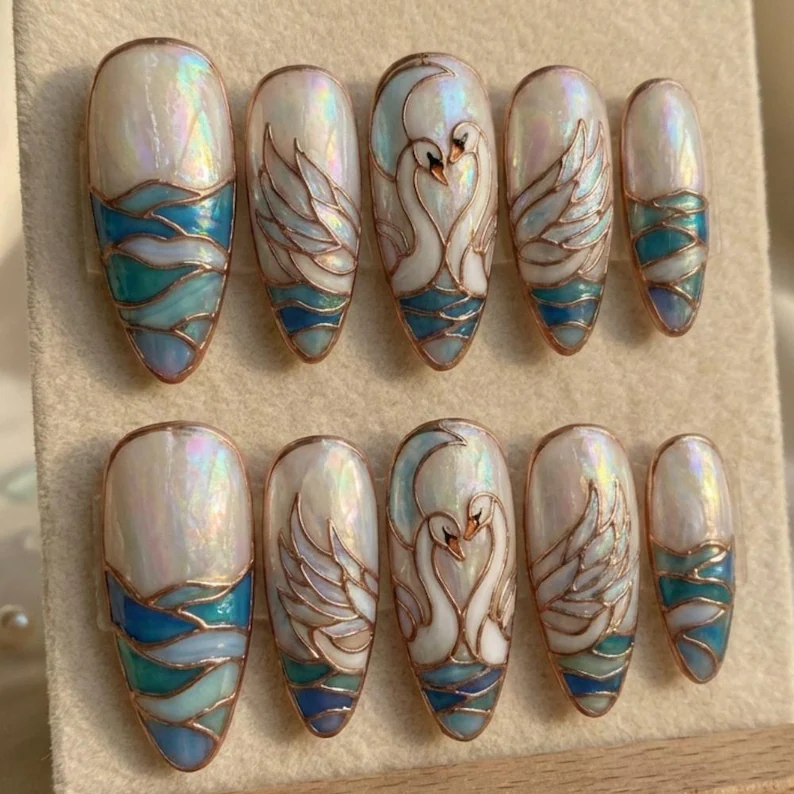 balletcore press on nails, swan lake nails, press on nails, custom press on nails, fake nails, Nails Art, stained glass nails, gold press on nails, 3d press on nails, luxury press on nails, handmade press on nails