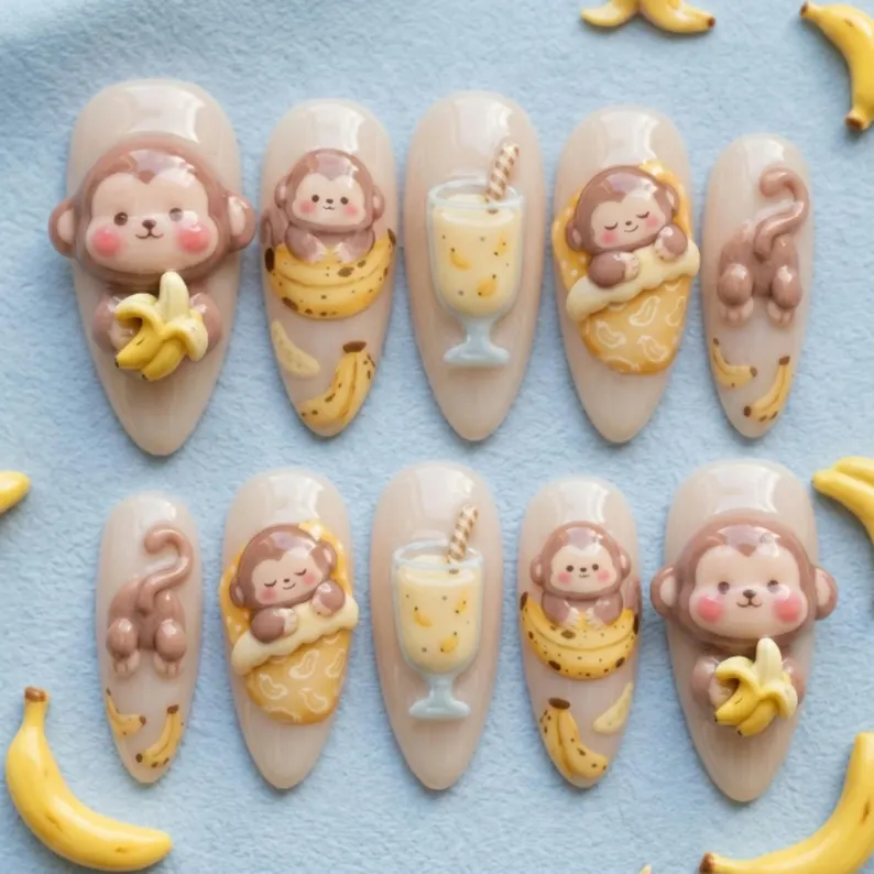press on nails, kawaii monkey, custom press on nails, fake nails, Nails Art, stained glass nails, gold press on nails, 3d press on nails, luxury press on nails, handmade press on nails