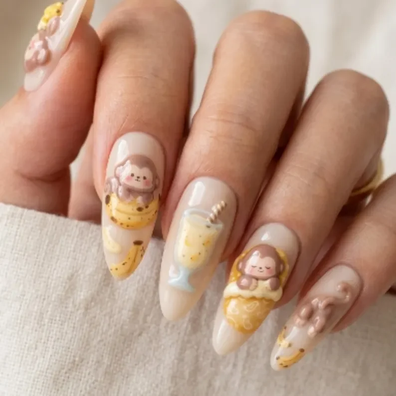 press on nails, kawaii monkey, custom press on nails, fake nails, Nails Art, stained glass nails, gold press on nails, 3d press on nails, luxury press on nails, handmade press on nails