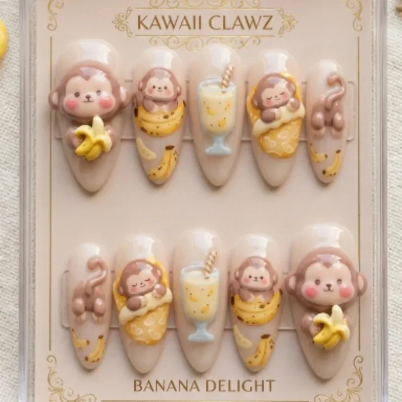 banana monkey business, hand-painted 3D nails, press on nails, custom press on nails, fake nails, Nails Art, stained glass nails, gold press on nails, 3d press on nails, luxury press on nails, handmade press on nails