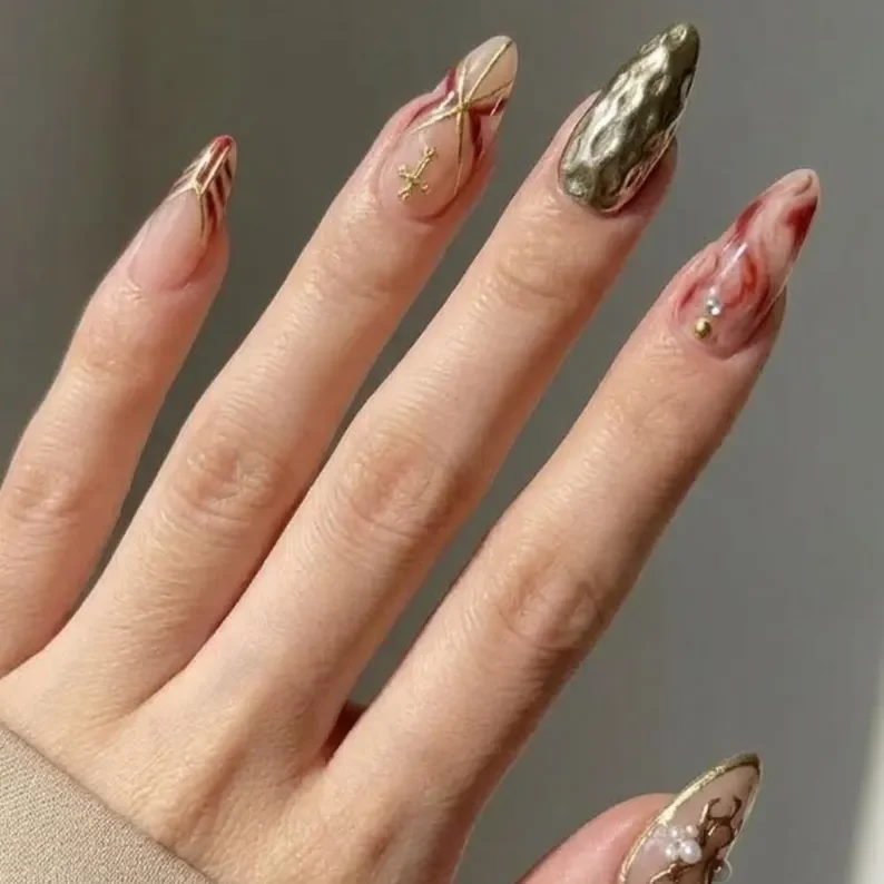 wine red nails, gold chrome finish, press on nails, custom press on nails, fake nails, Nails Art, stained glass nails, gold press on nails, 3d press on nails, luxury press on nails, handmade press on nails