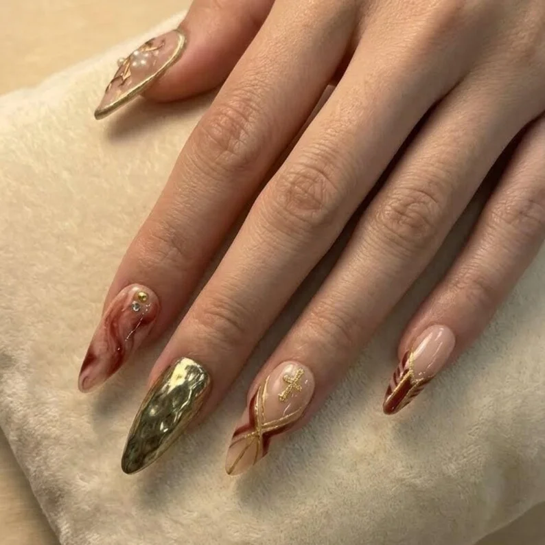 baroque burgundy nails, press on nails, custom press on nails, fake nails, Nails Art, stained glass nails, gold press on nails, 3d press on nails, luxury press on nails, handmade press on nails