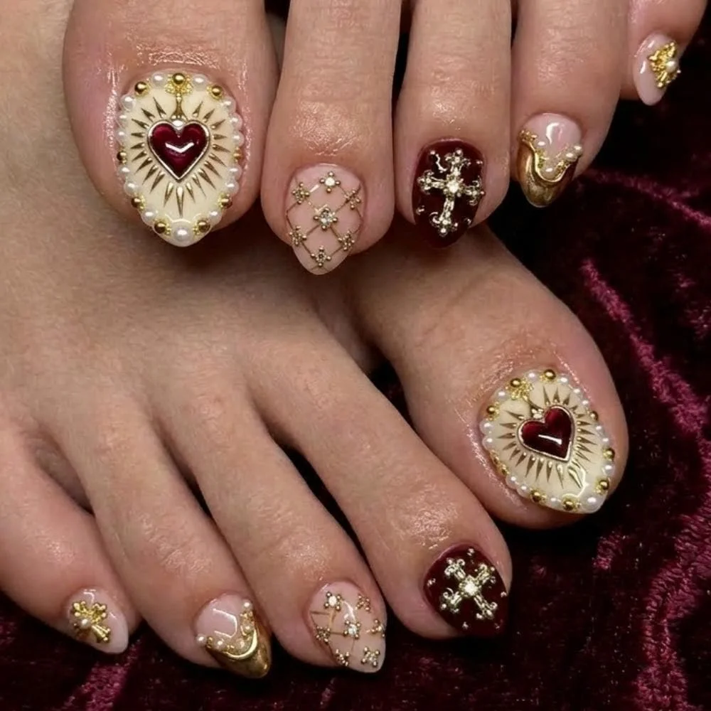baroque press-on toes, sacred heart nails, press on nails, custom press on nails, fake nails, Nails Art, stained glass nails, gold press on nails, 3d press on nails, luxury press on nails, handmade press on nails