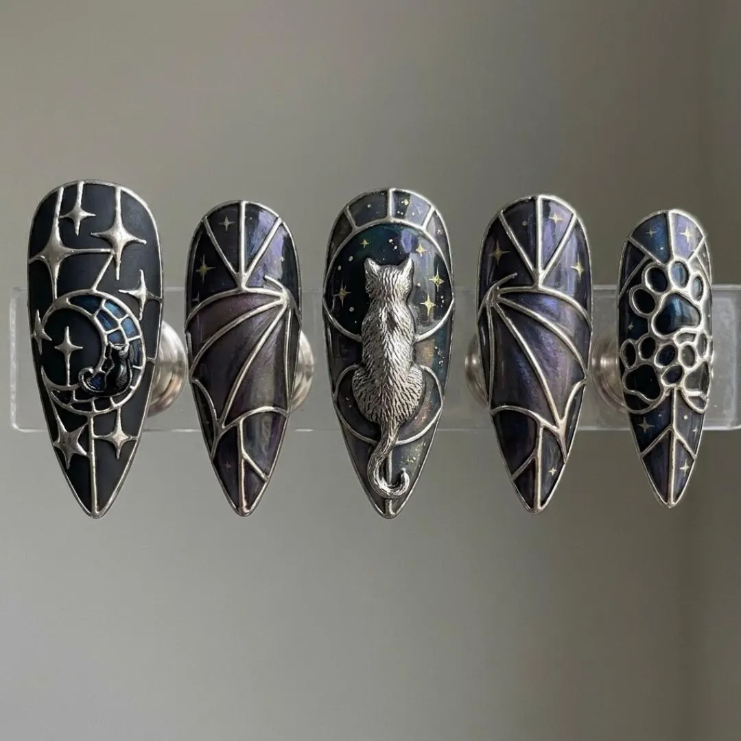 black cat nails, celestial stained glass, press on nails, custom press on nails, fake nails, Nails Art, stained glass nails, gold press on nails, 3d press on nails, luxury press on nails, handmade press on nails