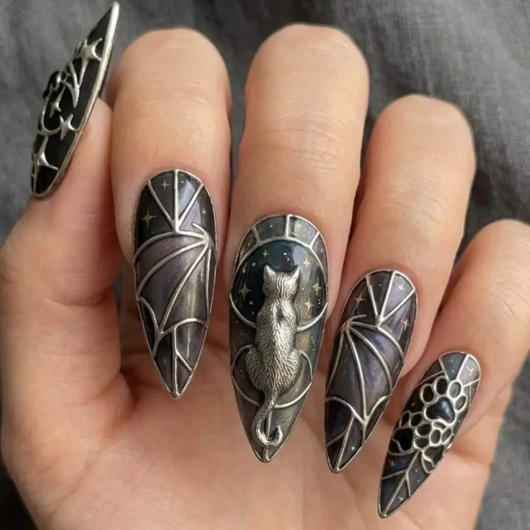 press on nails, gothic moon, custom press on nails, fake nails, Nails Art, stained glass nails, gold press on nails, 3d press on nails, luxury press on nails, handmade press on nails