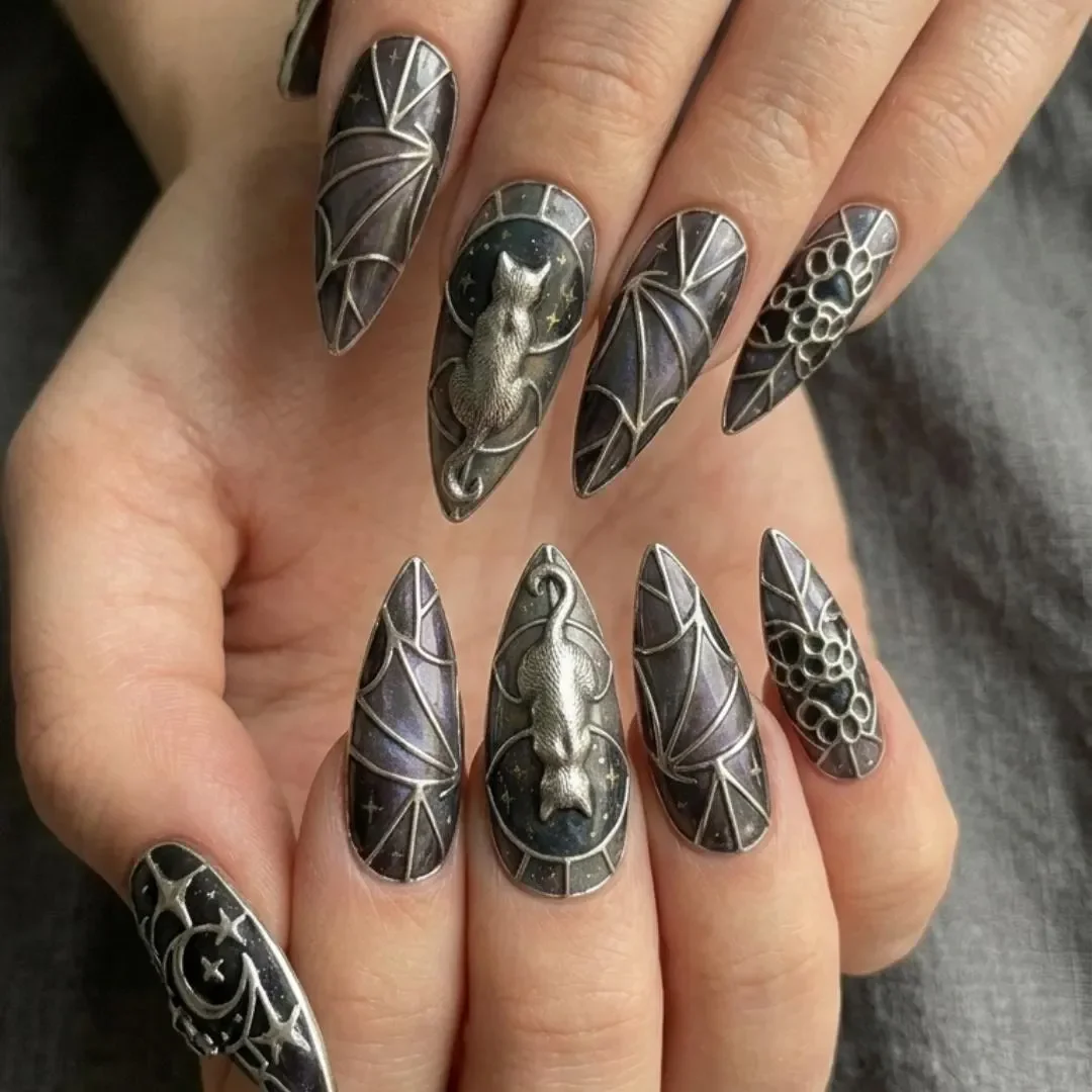 moon star design, stained glass nails, press on nails, custom press on nails, fake nails, Nails Art, gold press on nails, 3d press on nails, luxury press on nails, handmade press on nails