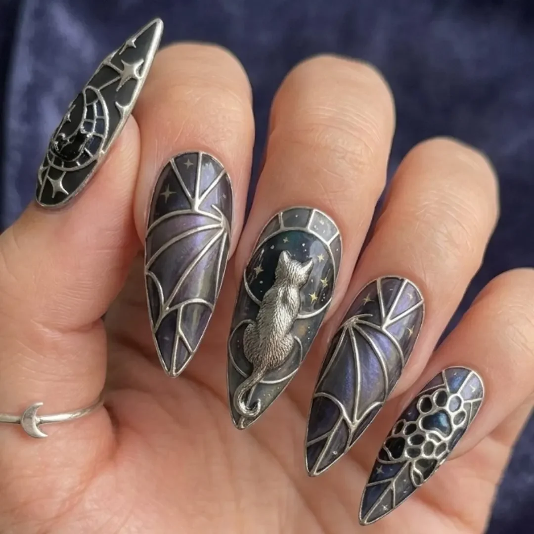 gothic nail art, black cat theme, press on nails, custom press on nails, fake nails, Nails Art, stained glass nails, gold press on nails, 3d press on nails, luxury press on nails, handmade press on nails