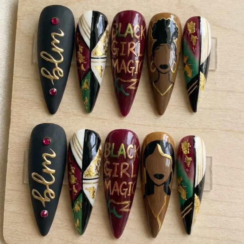 black girl magic, press on nails, custom press on nails, fake nails, Nails Art, stained glass nails, gold press on nails, 3d press on nails, luxury press on nails, handmade press on nails