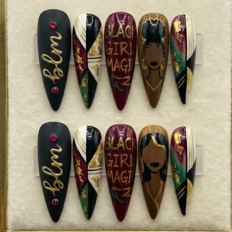 black girl magic, press on nails, custom press on nails, fake nails, Nails Art, stained glass nails, gold press on nails, 3d press on nails, luxury press on nails, handmade press on nails