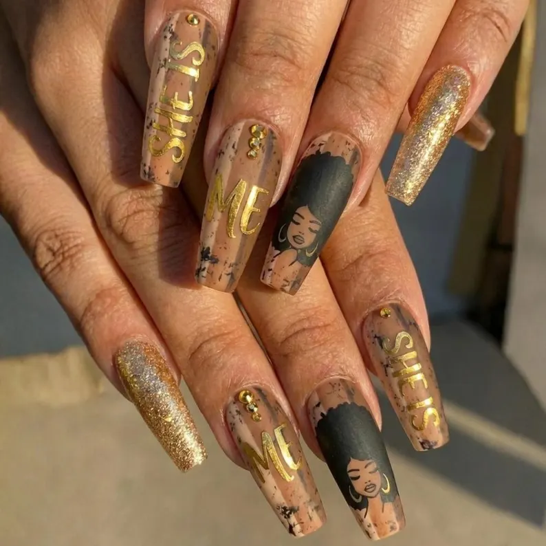 Black Girl Magic, Press On Nails, press on nails, custom press on nails, fake nails, Nails Art, stained glass nails, gold press on nails, 3d press on nails, luxury press on nails, handmade press on nails