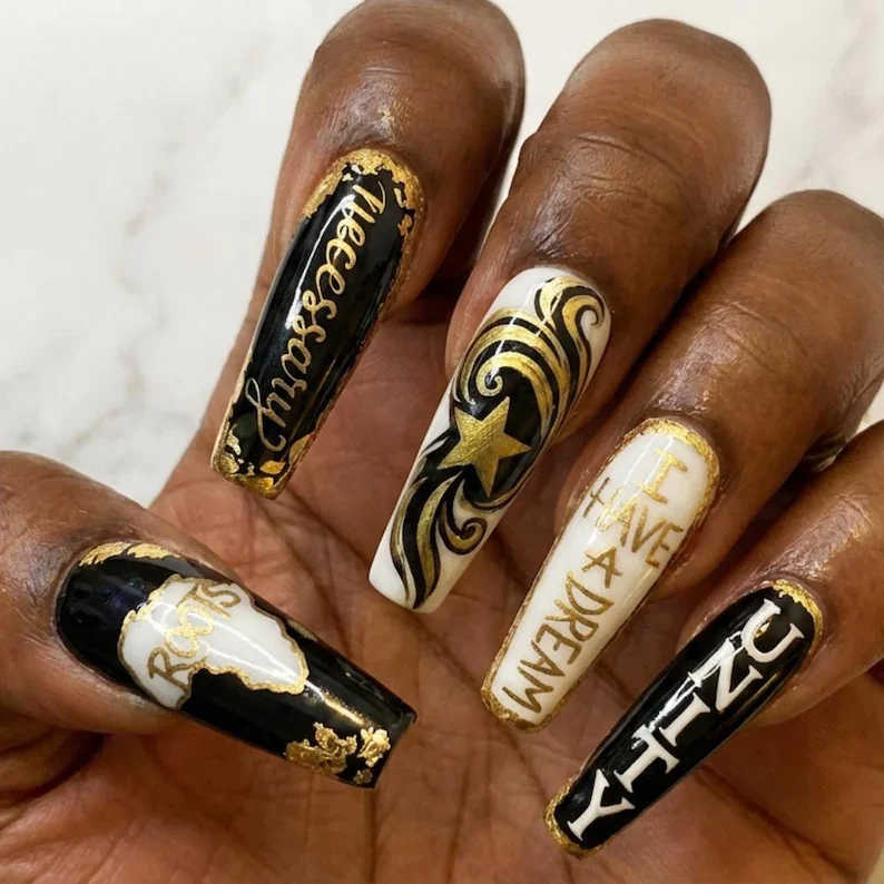 Black excellence, Art press on nails, press on nails, custom press on nails, fake nails, Nails Art, stained glass nails, gold press on nails, 3d press on nails, luxury press on nails, handmade press on nails