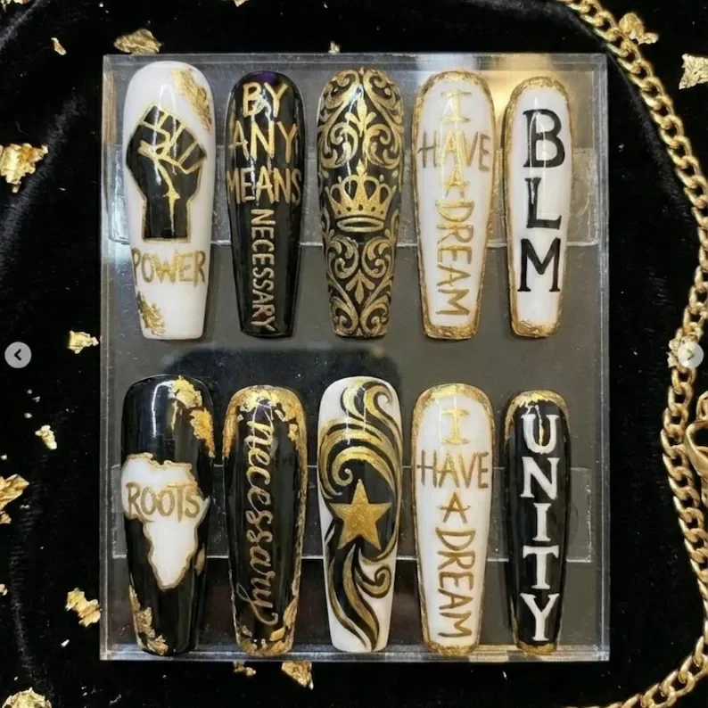 Black History Month, BHM press on nails, press on nails, custom press on nails, fake nails, Nails Art, stained glass nails, gold press on nails, 3d press on nails, luxury press on nails, handmade press on nails