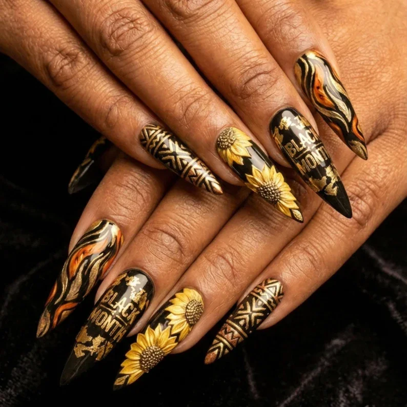 3D sunflower design, Tribal art nails, press on nails, custom press on nails, fake nails, Nails Art, stained glass nails, gold press on nails, 3d press on nails, luxury press on nails, handmade press on nails