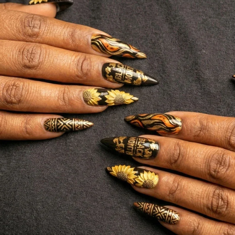 Sunflower press ons, Faux stiletto nails, press on nails, custom press on nails, fake nails, Nails Art, stained glass nails, gold press on nails, 3d press on nails, luxury press on nails, handmade press on nails
