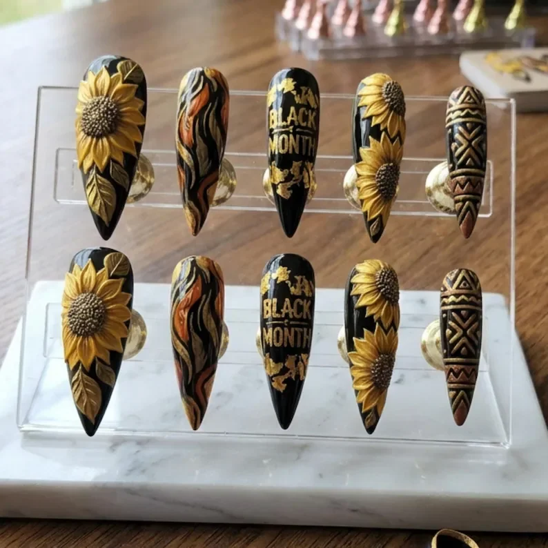 Black History Month, Gold foil nails, press on nails, custom press on nails, fake nails, Nails Art, stained glass nails, gold press on nails, 3d press on nails, luxury press on nails, handmade press on nails