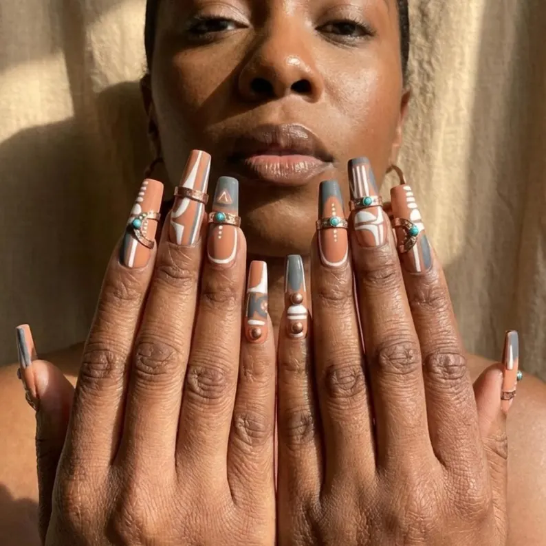 Copper nails, Tribal art nails, press on nails, custom press on nails, fake nails, Nails Art, stained glass nails, gold press on nails, 3d press on nails, luxury press on nails, handmade press on nails