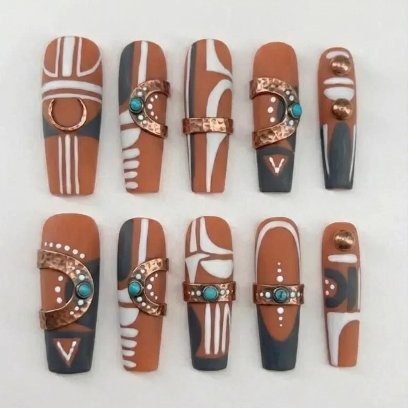 Earth tone nails, Terracotta nails, press on nails, custom press on nails, fake nails, Nails Art, stained glass nails, gold press on nails, 3d press on nails, luxury press on nails, handmade press on nails