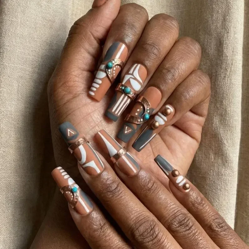 Copper nails, Tribal art nails, press on nails, custom press on nails, fake nails, Nails Art, stained glass nails, gold press on nails, 3d press on nails, luxury press on nails, handmade press on nails