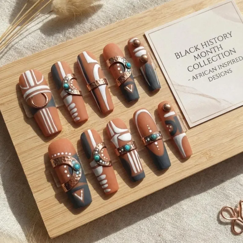 Earth tone nails, Terracotta nails, press on nails, custom press on nails, fake nails, Nails Art, stained glass nails, gold press on nails, 3d press on nails, luxury press on nails, handmade press on nails