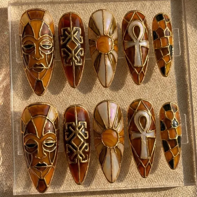 Ankh Heritage, Heritage Design, press on nails, custom press on nails, fake nails, Nails Art, stained glass nails, gold press on nails, 3d press on nails, luxury press on nails, handmade press on nails