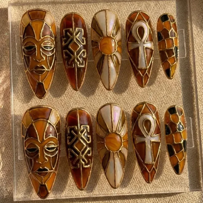 Black History Month, Stained Glass Nails, press on nails, custom press on nails, fake nails, Nails Art, stained glass nails, gold press on nails, 3d press on nails, luxury press on nails, handmade press on nails