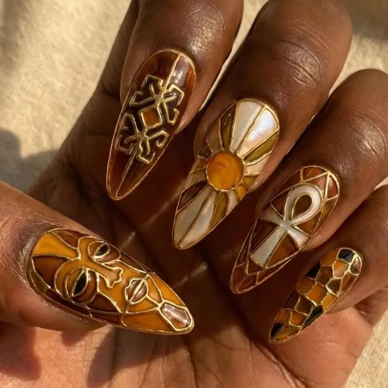 Black Culture Nails, Egyptian Ankh Nails, press on nails, custom press on nails, fake nails, Nails Art, stained glass nails, gold press on nails, 3d press on nails, luxury press on nails, handmade press on nails