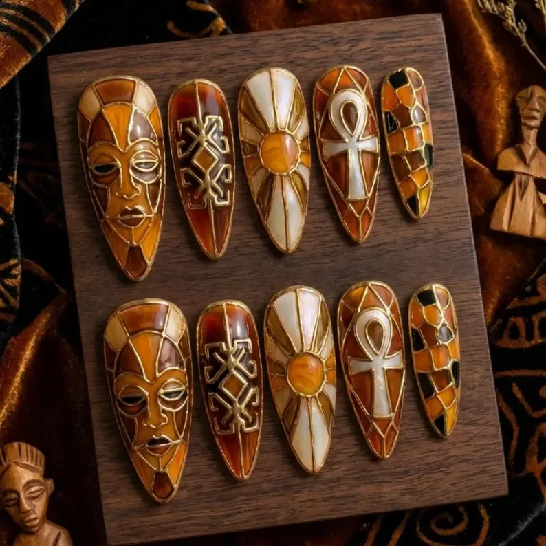 Black History Month, Stained Glass Nails, press on nails, custom press on nails, fake nails, Nails Art, stained glass nails, gold press on nails, 3d press on nails, luxury press on nails, handmade press on nails