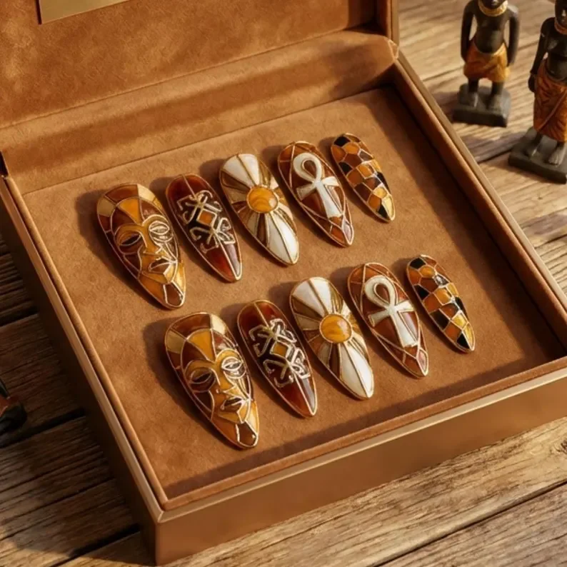 Press On Nails, African Mask Nails, press on nails, custom press on nails, fake nails, Nails Art, stained glass nails, gold press on nails, 3d press on nails, luxury press on nails, handmade press on nails