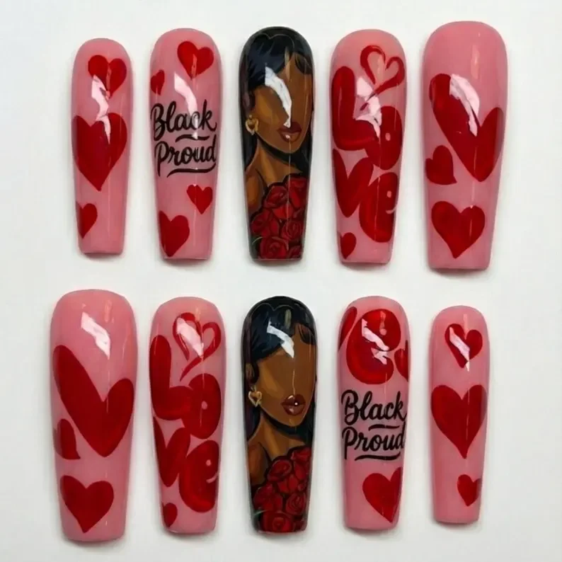 lover girl nails, red hearts, press on nails, custom press on nails, fake nails, Nails Art, stained glass nails, gold press on nails, 3d press on nails, luxury press on nails, handmade press on nails