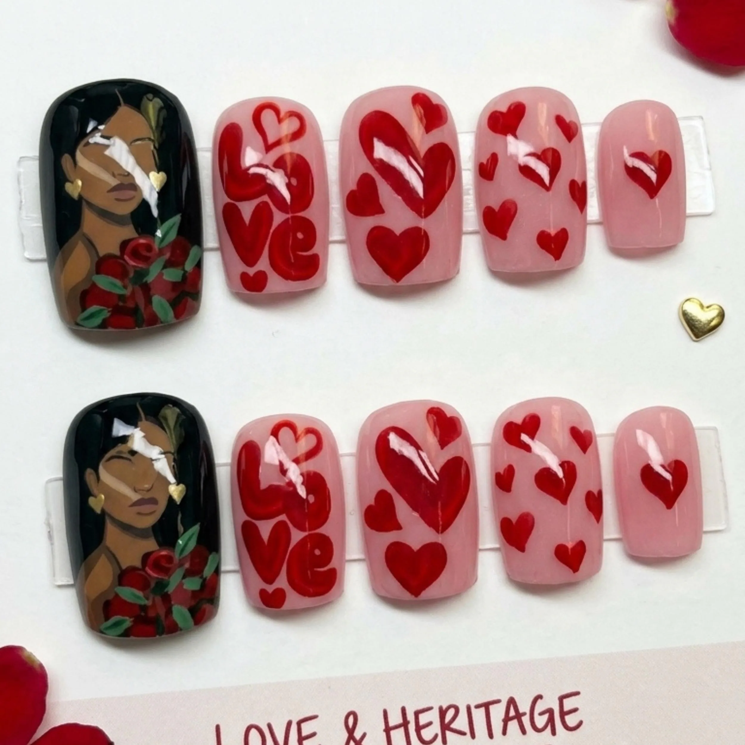 Valentine's Day, Red Heart, press on nails, custom press on nails, fake nails, Nails Art, stained glass nails, gold press on nails, 3d press on nails, luxury press on nails, handmade press on nails